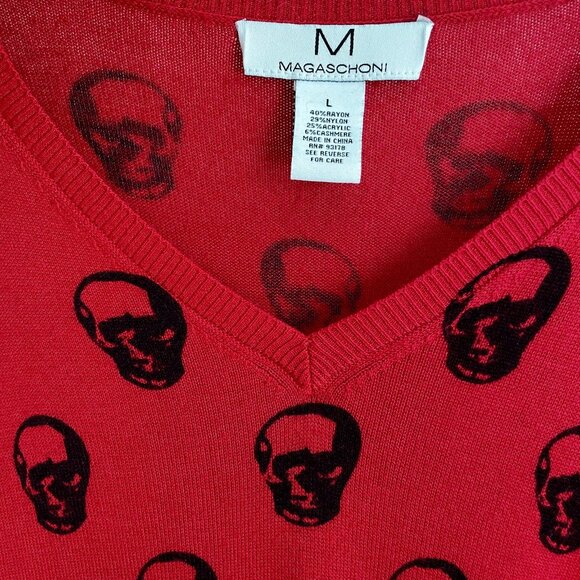 Magaschoni Red + Black Skull Cashmere Blend V Neck Sweater Size L - Picture 7 of 11